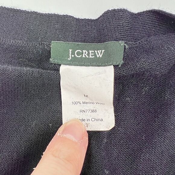 WOMEN J.CREW RUFFLE V-NECK CARDIGAN SWEATER BLACK LONG SLEEVES SZ M Merino Wool - Picture 3 of 3